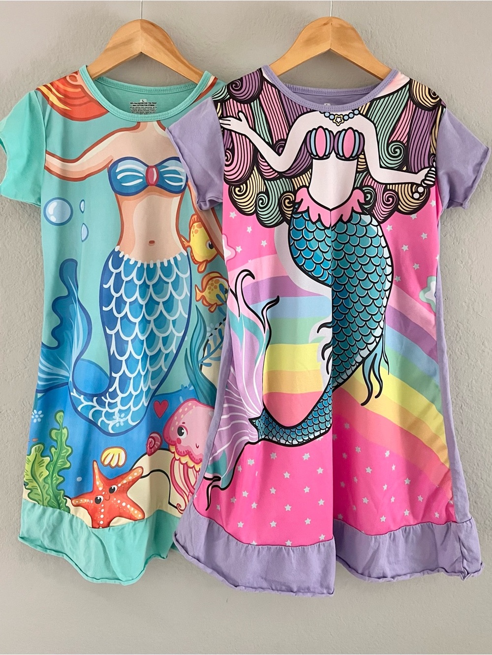 Girls' Mermaid Print Short Sleeve Pajama Nightgown - Pink & Teal